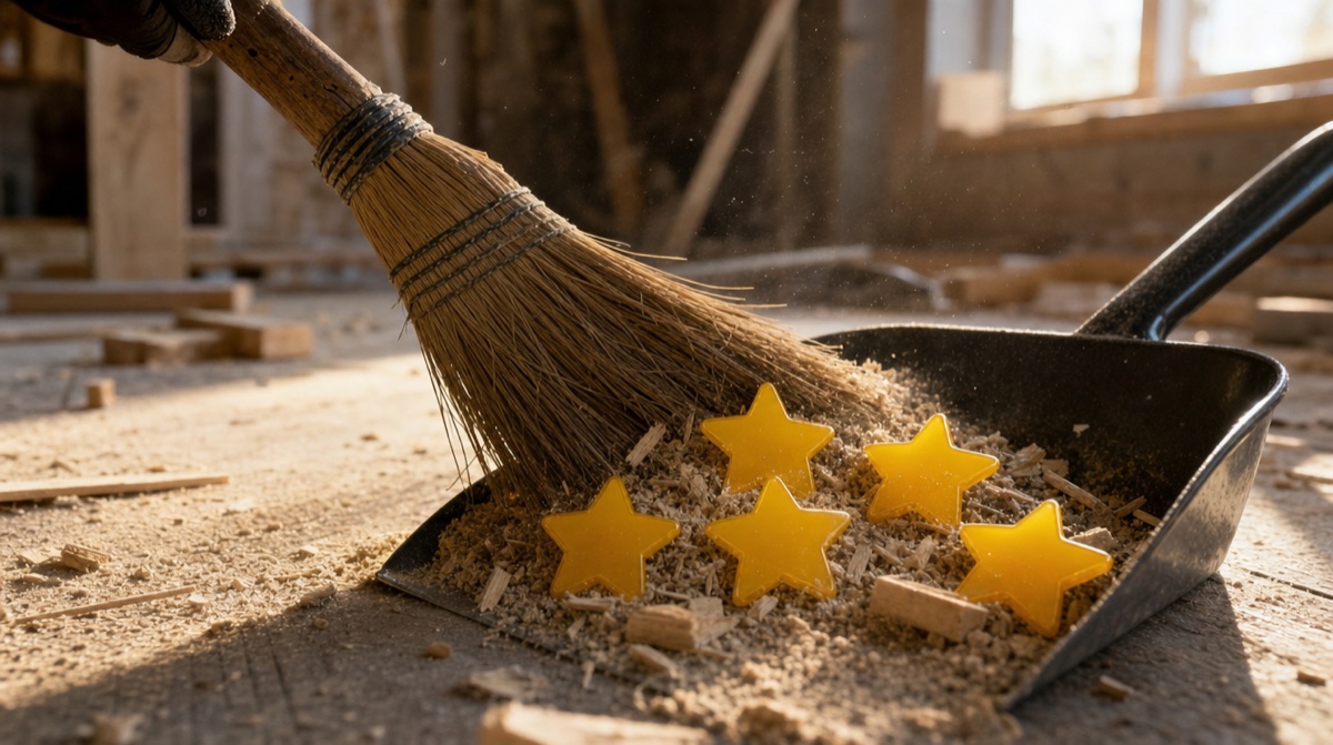 Five yellow review stars being swept into a dustpan with sawdust on a job site