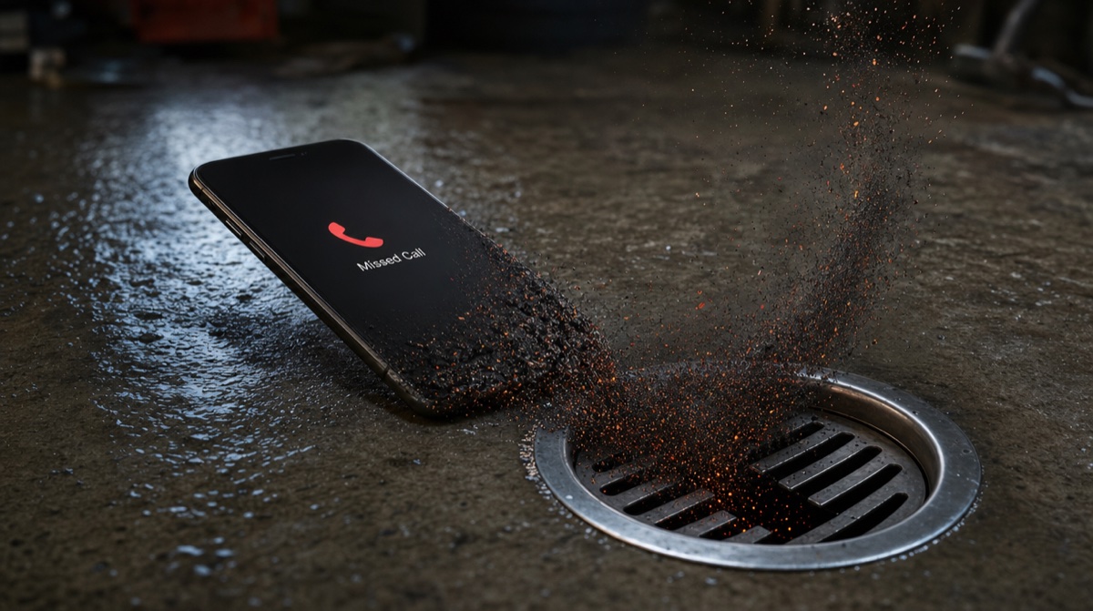 A phone showing a missed call crumbling into dust that drains away down a floor drain