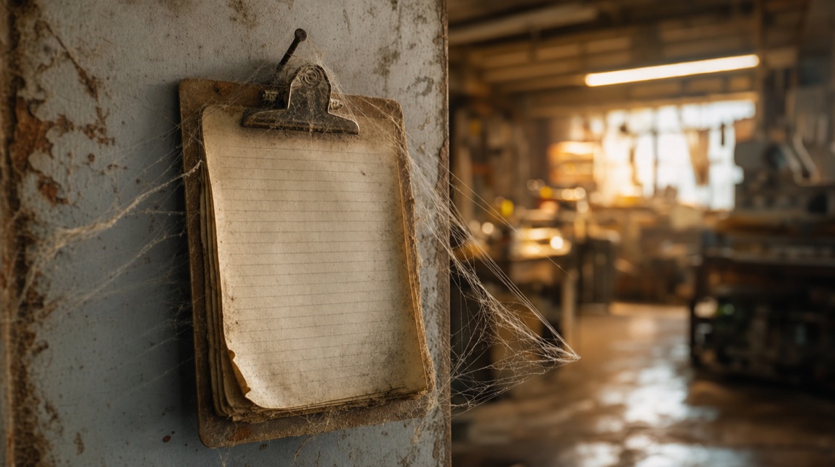 A quote on a clipboard covered in cobwebs while the workshop stays busy behind it